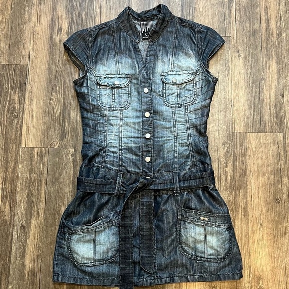 Women’s Blue Denim Acid Wash Mini Dress With Belt Size S - Picture 1 of 13